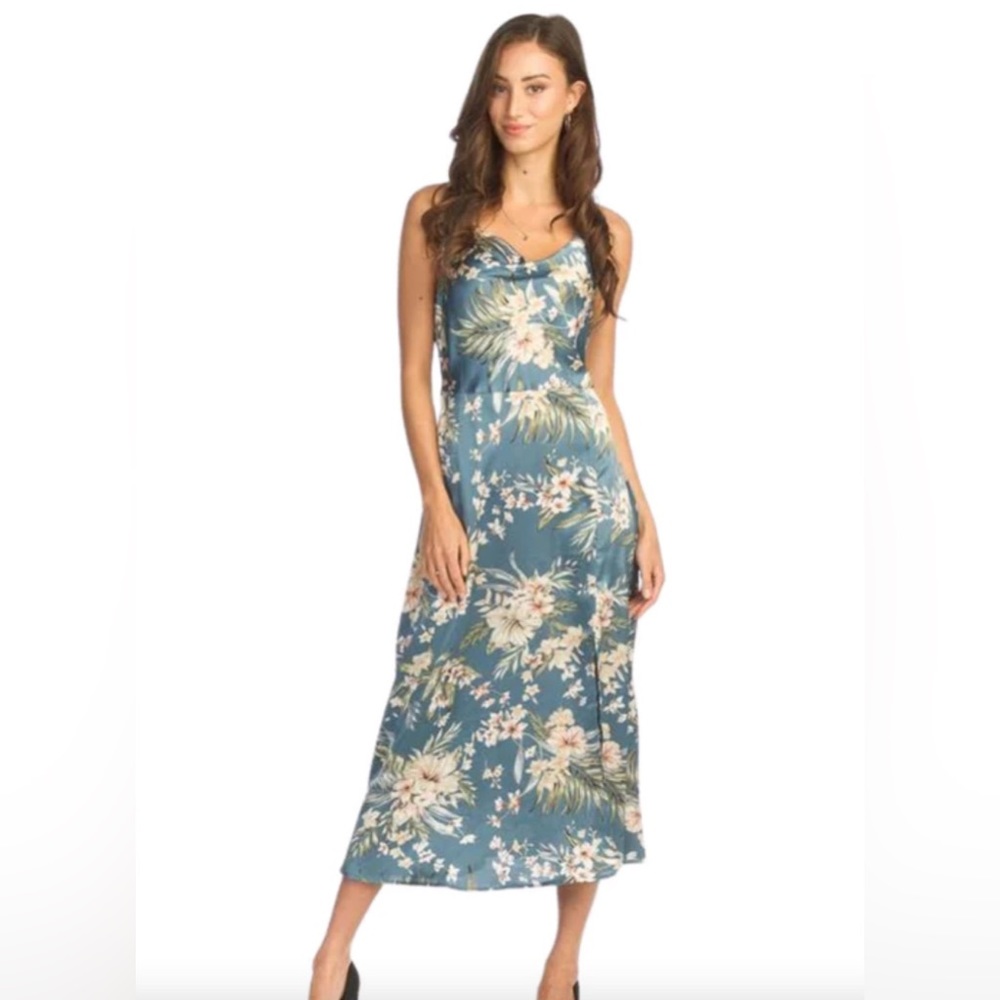 Drape Neck Floral Dress-Teal